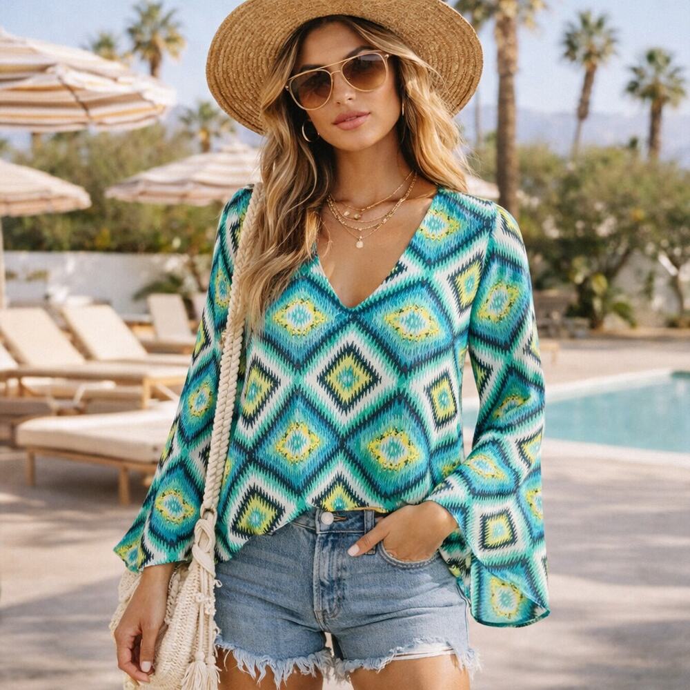 Show Me Your MUMU Bell Sleeve Blouse V-neck Green geo Medium
